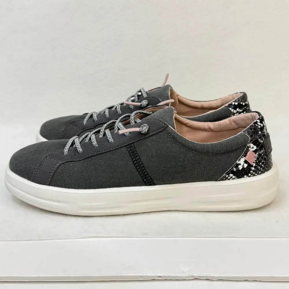HeyDude Womens Karina Slip On Casual Canvas Sneakers Gray Black Snake Size 9